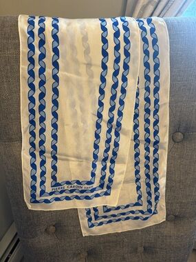 Pierre Cardin Paris White and Blue Chain-Trim Silk Scarf Vintage